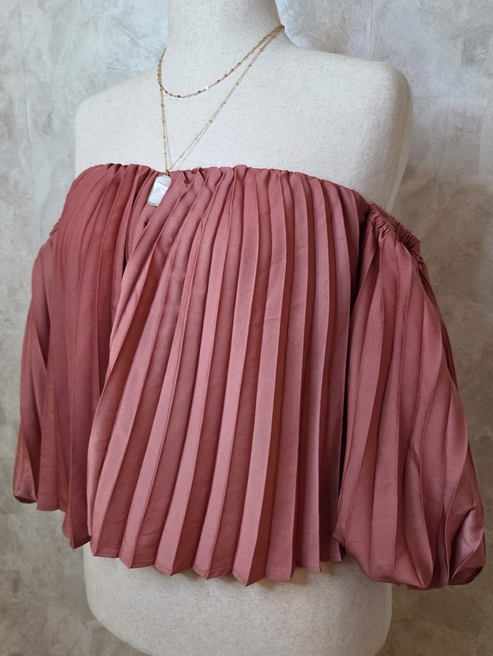 Dusty Rose Pleated Off Shoulder Top Romantic Draped Blouse Statement Sleeve